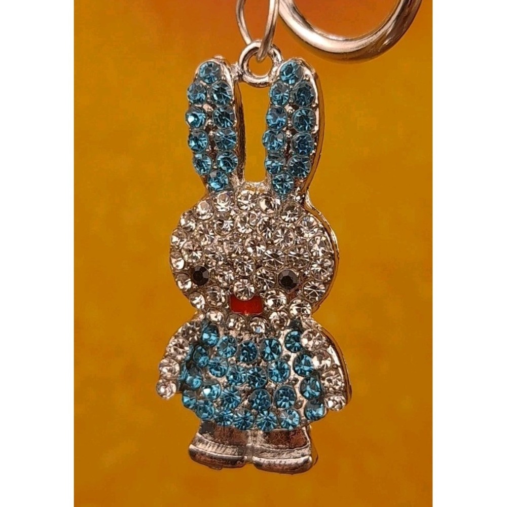 Bunny Rabbit Silver Toned Blue Rhinestones Purse Charm/Keychain By Fashion Jewel